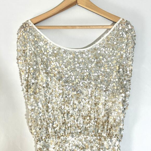 JS Collections Champagne Silver Sequin Gown Formal Evening Maxi Dress Size 12 - Picture 4 of 13